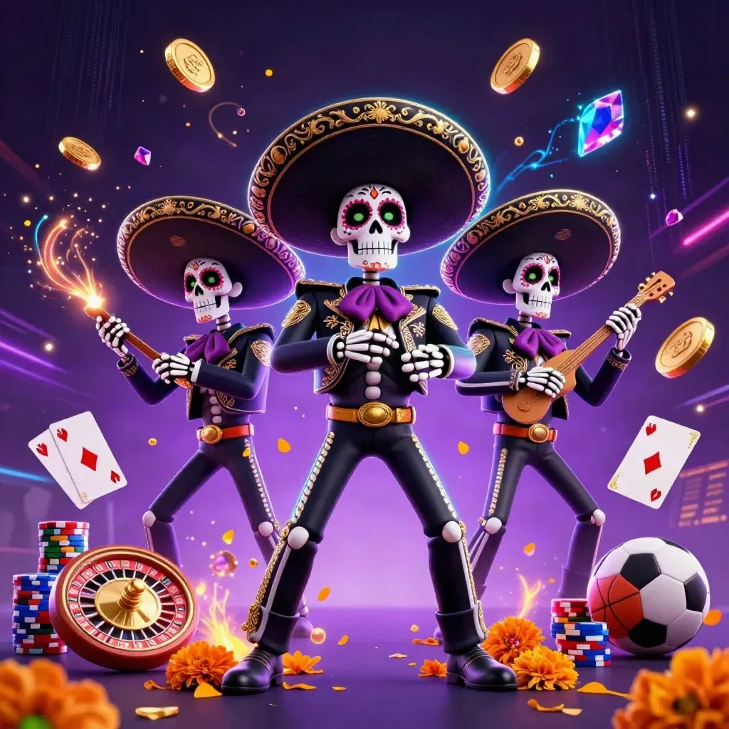 Skeleton mariachi trio amid casino chips, coins, roulette wheel, and neon sports energy.