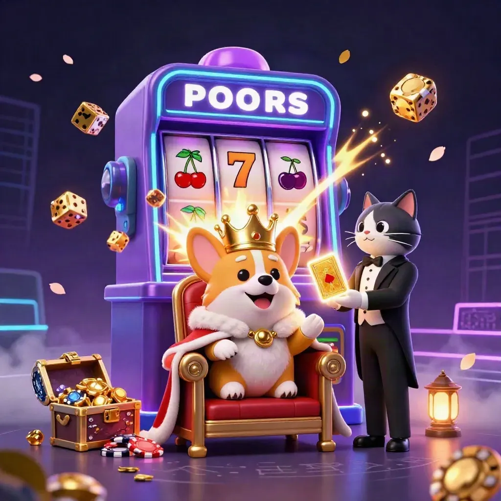 Royal corgi and cat butler burst from a slot machine amid gold, gems, and neon casino effects.